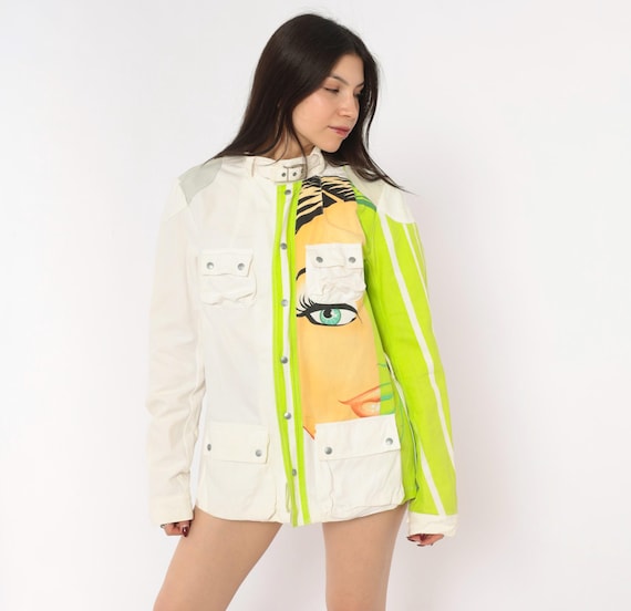 Y2K Doll Face Jacket Pop Art Streetwear Grunge White Lime Green Cotton Snap Button Front Utility Graphic Avant Garde Cargo Coat Small S
