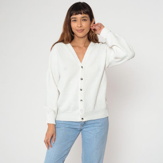 70s White Cardigan V Neck Long Sleeve Vintage Cream Knit Sweater Classic Academic Preppy Minimalist Grandpa Winter Layering Medium M