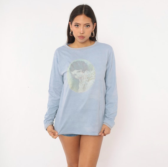 80s Portrait Graphic Tee Light Blue Long Sleeve Cotton Shirt Victorian Woman Art Print Pastel Boxy Top Fairycore Soft Grunge Vintage Large L