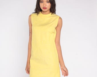 Yellow 60s Mini Shift Dress Mod Mini Sleeveless Sunshine Linen Cotton Elegant Textured Summer Spring Twiggy Gogo Dancer Vintage Small S