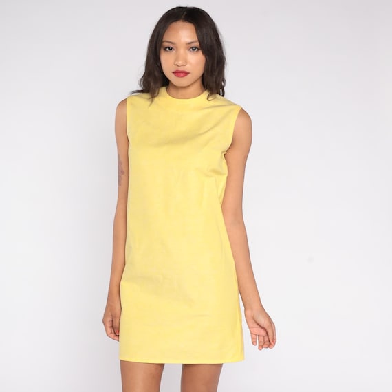 Yellow 60s Mini Shift Dress Mod Mini Sleeveless Sunshine Linen Cotton Elegant Textured Summer Spring Twiggy Gogo Dancer Vintage Small S