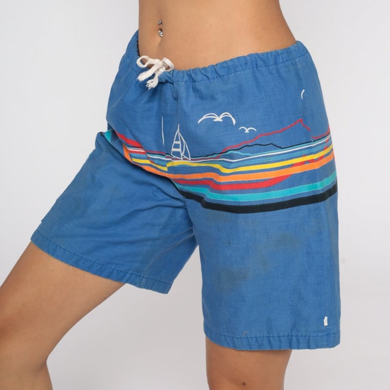 Tropical Beach Shorts 80s Nautical Shorts Swim Trunks Sailboat Surfer Shorts Summer Surf Blue Retro Boat Print Vacation Bottoms Medium