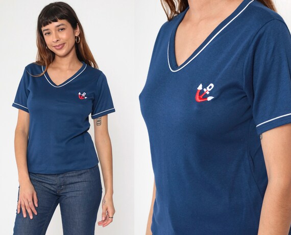 Vintage Nautical Shirt -- 70s 80s Anchor Top Sailor Shirt 1980s Retro Baby Tee Short Sleeve Navy Blue Embroidered Single Stitch Tshirt Small