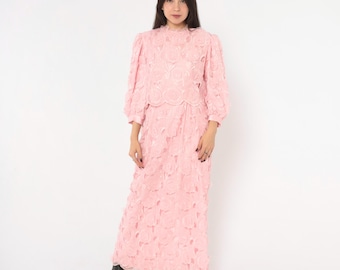 80s Pink Lace Cutout Dress Floral Applique Embroidered Puff Sleeve Blouson Formal Blush Prom Wedding Guest Coquette Pastel Vintage Large L