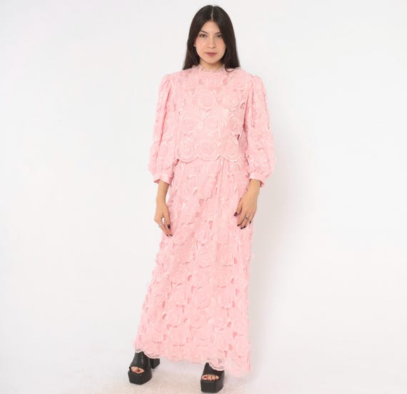 80s Pink Lace Cutout Dress Floral Applique Embroidered Puff Sleeve Blouson Formal Blush Prom Wedding Guest Coquette Pastel Vintage Large L
