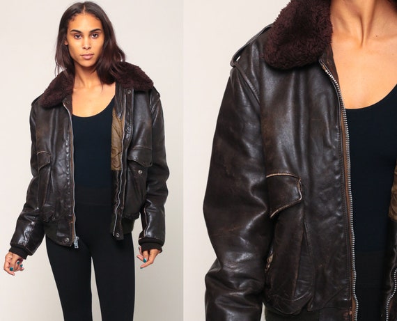 Brown Leather Jacket Flight Jacket 80s Leather Bomber Jacket FAUX FUR COLLAR Biker Moto Coat Motorcycle Cafe Racer Vintage Extra Large xl