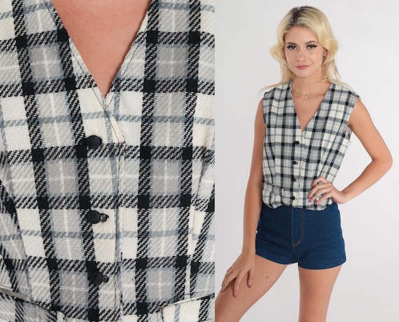 Plaid Vest 80s Black White Cropped Tank Top Button up Sleeveless Jacket Checkered Print Crop Preppy Retro Shirt Academia Vintage 1980s Small