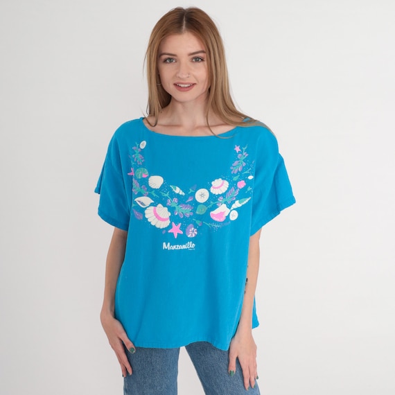 Manzanillo Shirt 90s Blue Mexico Top Seashell Starfish Print Blouse Retro Beach Vacation Glitter Top Cotton Vintage 1990s Extra Large xl