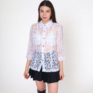 Sheer White Blouse Y2k Burnout Animal Print Top Button Up Shirt Boho Hippie Blouse Party Going Out Light Summer Vintage 00s Small 4