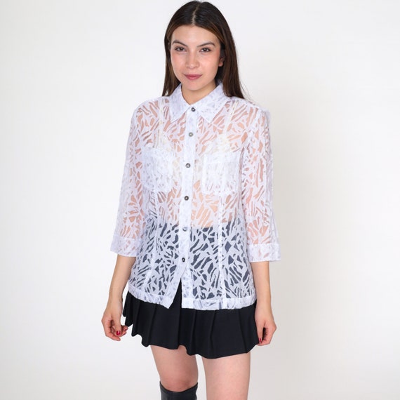 Sheer White Blouse Y2k Burnout Animal Print Top Button Up Shirt Boho Hippie Blouse Party Going Out Light Summer Vintage 00s Small 4