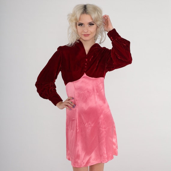Velvet Babydoll Dress 70s Mini Party Dress Red Pink Long sleeve Empire Waist Button up Cocktail Bohemian Holiday Retro Vintage 1970s Small S