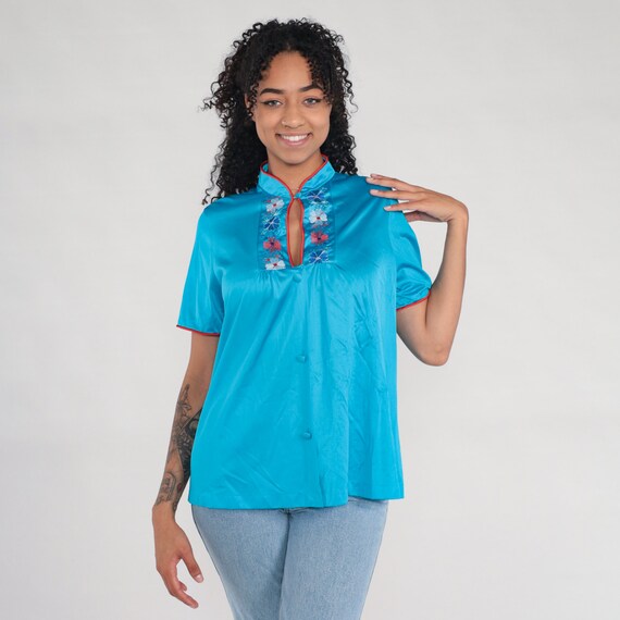 Asian Style Pajama Shirt 80s Turquoise Blue Floral Embroidered Pajamas Top Button up Blouse Flower Sleep Vintage 1980s Short Sleeve Large L Etsy
