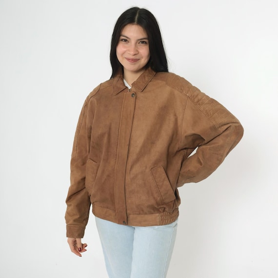Vintage Brown Leather Bomber Jacket 90s Zip Up Biker Jacket Moto Coat Motorcycle Streetwear 1990s Men's Large L Regular
