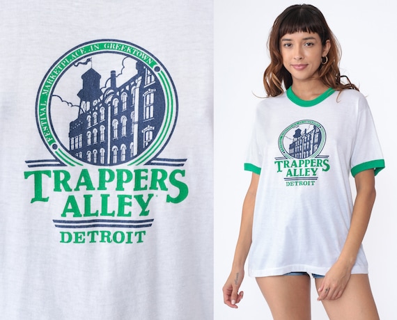 80s Detroit Shirt Trapper's Alley Ringer Tee Shirt Greektown T Shirt Graphic Shopping Center Vintage White Green Tourist Shirt Medium Large