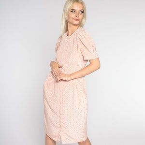 Blush Pink Dress 80s Button Up Sheath Dress Puff Sleeve High Waisted Secretary Dress Knee Length Retro Pencil Dress Vintage 1980s Medium M