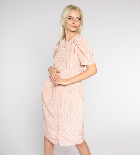 Blush Pink Dress 80s Button Up Sheath Dress Puff Sleeve High Waisted Secretary Dress Knee Length Retro Pencil Dress Vintage 1980s Medium M