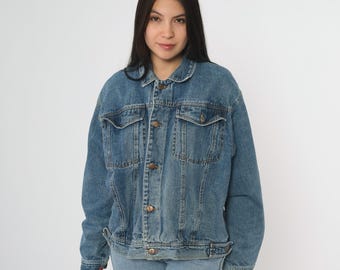 90s Blue Denim Jacket DAX Button Front Cotton Trucker Jean Coat Relaxed Fit Long Sleeve Vintage Outerwear Made in Macau Extra Large XL