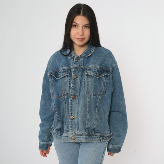 90s Blue Denim Jacket DAX Button Front Cotton Trucker Jean Coat Relaxed Fit Long Sleeve Vintage Outerwear Made in Macau Extra Large XL
