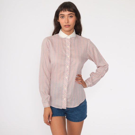 Plaid Shirt Peter Pan Collar Blouse 80s Button Down Top Pink Red Blue 1980s Vintage Long Sleeve Blouse Checkered Shirt Small Medium