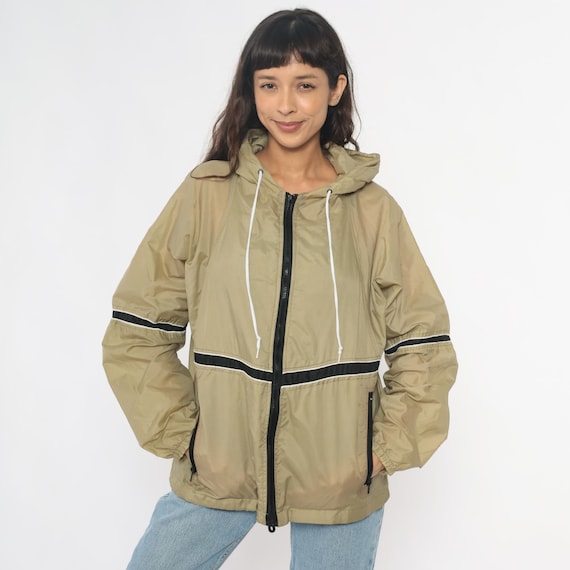 90s Tan Windbreaker Jacket Beige Hooded Striped Black White Athletic Track Sporty Gorpcore Drawstring Hood Hiking Running Vintage Small S