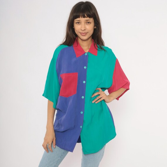 90s Colorblock Shirt Teal Purple Pink Blouse Collared Short Sleeve Top Colorful Geometric Panel Vintage Boxy Fit Summer Camp Large L