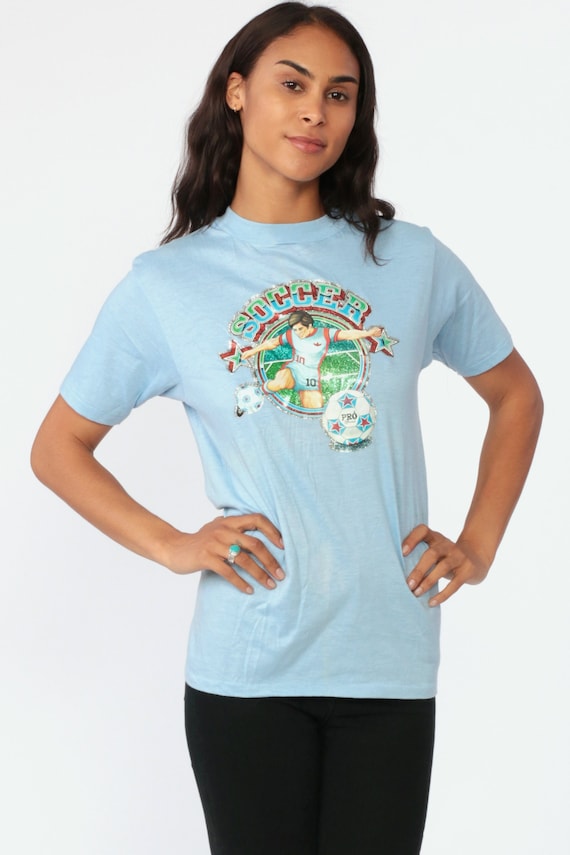 Soccer Shirt 70s Iron On Shirt Retro TShirt Futbol Baby Blue Short Sleeve Graphic Shirt 80s T Shirt Sportswear 1970s Retro Vintage Small xs
