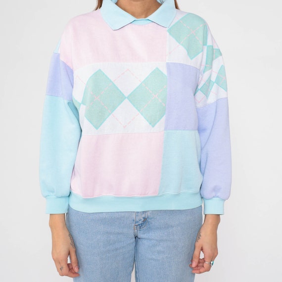 Color Block Sweatshirt 90s Pastel Argyle Checkere… - image 7