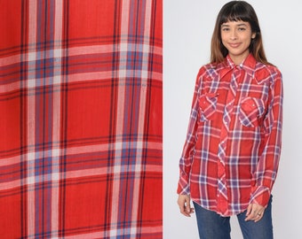 Red Plaid Western Shirt 70s Pearl Snap Shirt Thin Button up Top Long Sleeve Cowboy Rodeo Retro 1970s Vintage Chest Pocket Small Medium