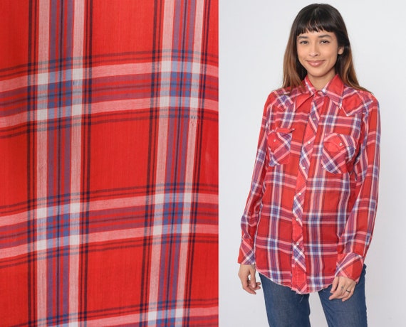 Red Plaid Western Shirt 70s Pearl Snap Shirt Thin Button up Top Long Sleeve Cowboy Rodeo Retro 1970s Vintage Chest Pocket Small Medium