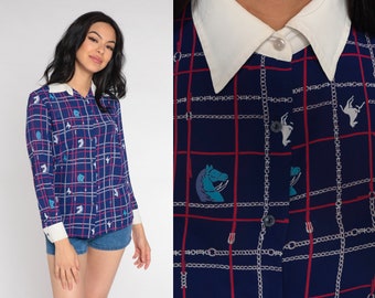 Horse Print Shirt 80s Navy Blue Button Up Blouse Retro Checkered Chain Print Top Long Sleeve Horses Pattern Collared Vintage 1980s Small S