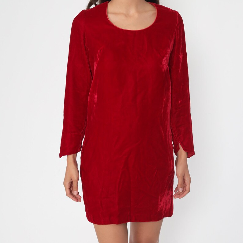 Velvet Mini Dress 60s Mod Party Red Vintage Cocktail Shift Long Sleeve 70s Gogo Formal Lolita Holiday MiniDress Small