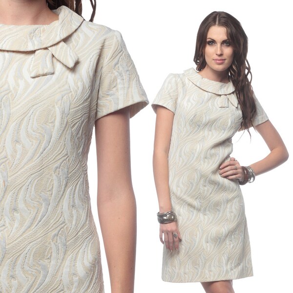 1960s Mod Dress Bow Neck Jackie O Collar 60s Mini Textured Shift Grey White Plus Size Party Sixties Cocktail Mad Men Dress Extra Large XL