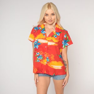 Tropical Floral Shirt Red Hawaiian Blouse Palm Tree Button Up Shirt 80s Vintage Surfer Vacation Short Sleeve Top 1980s Island Large L