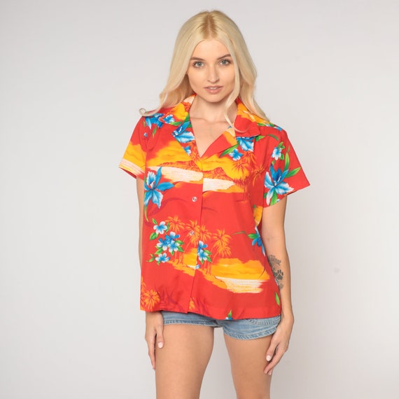 Tropical Floral Shirt Red Hawaiian Blouse Palm Tree Button Up Shirt 80s Vintage Surfer Vacation Short Sleeve Top 1980s Island Large L