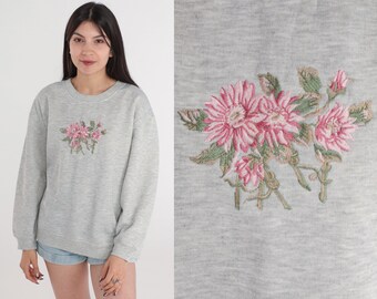 Sweat-shirt fleuri des années 90 Heather Grey Brodé Sweat-shirt floral Rétro Pull Crewneck Pull Jardinage Crew Neck vintage années 1990 Grand L