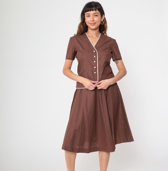 70s Two Piece Dress Brown Swiss Dot Top Mini Skirt Matching Set Short Sleeve Blouse Pleated Mini skirt Vintage 1970s Medium M