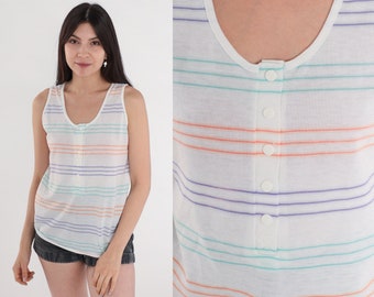Striped Henley Tank Top 80s White Shirt Retro Button Up Sleeveless Blouse Scoop Neck Purple Turquoise Casual Tank Vintage 1980s Small S