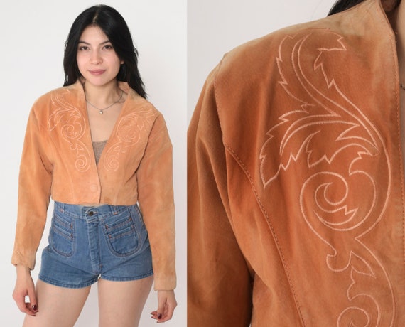 Cropped Suede Jacket 90s Brown Tan Leather Embroi… - image 1
