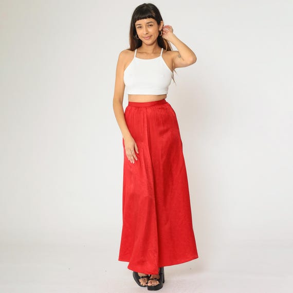 Vintage 90s Red Maxi Skirt Moiré Satin A-Line Bias Cut Party Formal Eveningwear Y2K Minimalist High Waist A-Line Small xs