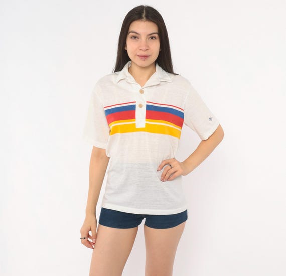 80s Ocean Pacific Polo Striped Chest Band Cotton Surf Brand Op Collar Short Sleeve White Red Blue Yellow Color Block Tee Beach Top Small S