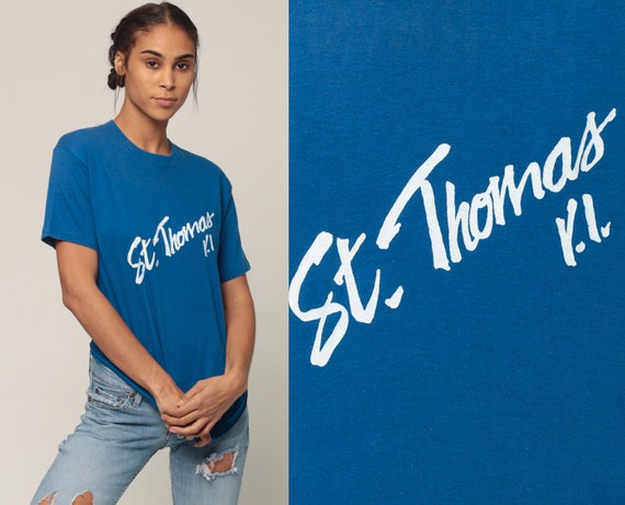 Virgin Islands Shirt Retro TShirt ST THOMAS TShirt 80s Vintage Graphic Print Tropical Paper Thin Tee 1980 Travel Blue Small Medium