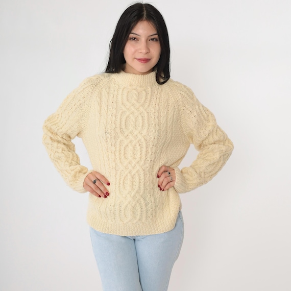 Vintage Cable Knit Sweater 80s Slouchy Cream Fisherman Sweater Knit Boho Mock Neck Pullover Cableknit 1980s Raglan Sleeve Jumper Medium