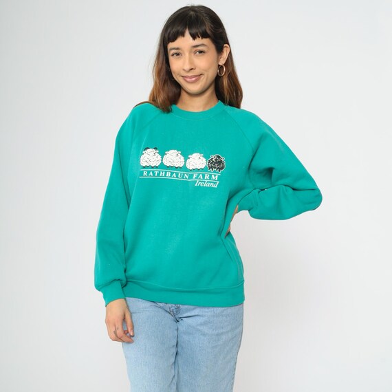 Vintage 90s Rathbaun Farm Sweatshirt Ireland Sheep Graphic Crewneck Pullover Teal Raglan Sleeve 1990s Irish Travel Destination Medium M