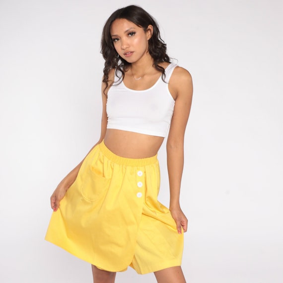 Yellow Mini Skirt 80s Tulip Hem Skirt Pocket Decorative Button High Elastic Waist Retro Girly Boho Simple Summer Vintage 1980s Medium M