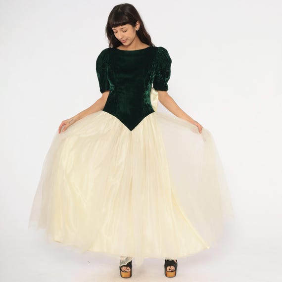Emerald Velvet Gown 80s Puff Sleeve Tulle Skirt Forest Green Cream Princess Ball Formal Evening Party Basque Waist Prom Renaissance Medium M