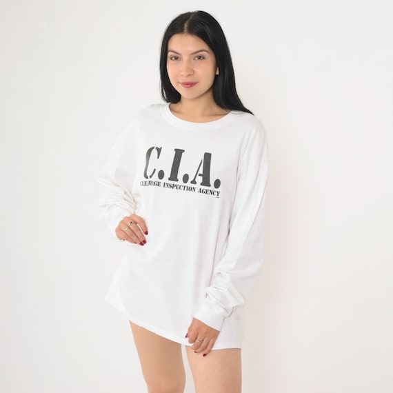 Steve & Barry's Cleavage Inspection Agency Shirt 00s White C.I.A. Graphic T-Shirt Long Sleeve Tee 2000s Novelty Tee Joke Extra Large xl