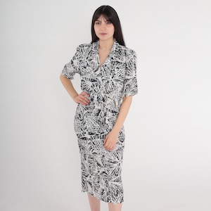 90s Wrap Dress Abstract Print Midi Dress Button up High Waisted Collared V Neck Secretary Day Short Sleeve Black White Vintage 1990s Small S