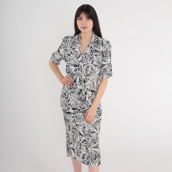 90s Wrap Dress Abstract Print Midi Dress Button up High Waisted Collared V Neck Secretary Day Short Sleeve Black White Vintage 1990s Small S