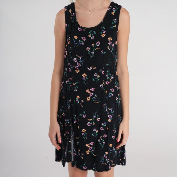 Black Floral Dress 90s Mini Dress Retro Sleeveles… - image 7