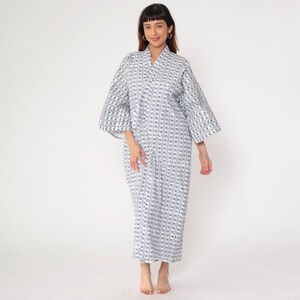 Vintage Yukata Robe 80s Japanese Kimono Dressing Gown Hotel Print Cotton Loungewear 1980s Blue White Geometric Text Small Medium Large